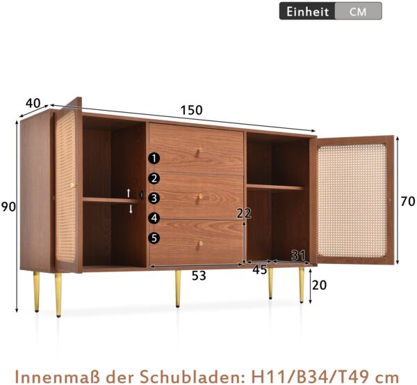 Merax Kommode mit 2 Türen und 3 Schubladen, Rattan Türkommoden mit Schubkasten, Verstellbare Ablage, für Wohnzimmer Schlafzimmer, Nussbaum - H90/B150/T40 cm Bild 4