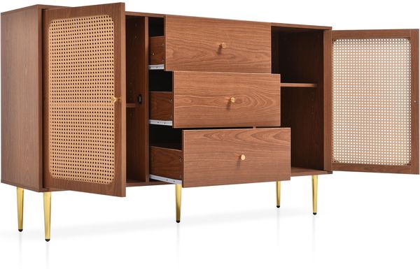 Merax Kommode mit 2 Türen und 3 Schubladen, Rattan Türkommoden mit Schubkasten, Verstellbare Ablage, für Wohnzimmer Schlafzimmer, Nussbaum - H90/B150/T40 cm Bild 8