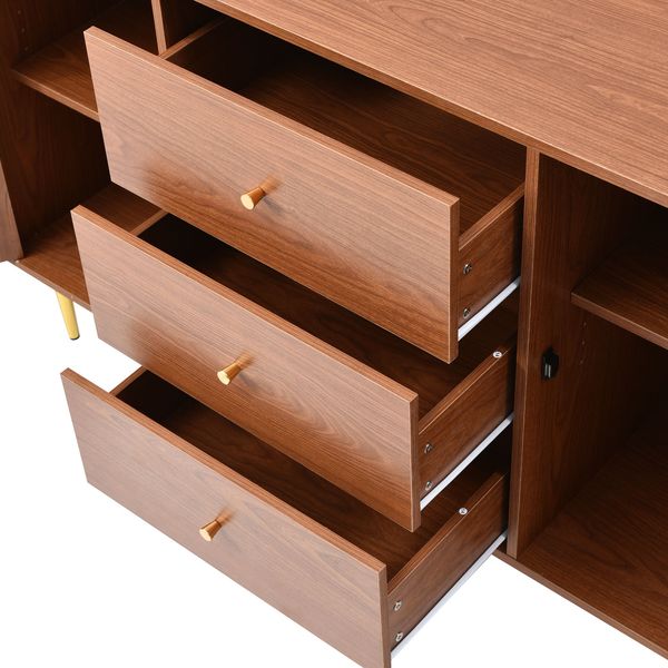 Merax Kommode mit 2 Türen und 3 Schubladen, Rattan Türkommoden mit Schubkasten, Verstellbare Ablage, für Wohnzimmer Schlafzimmer, Nussbaum - H90/B150/T40 cm Bild 9