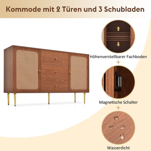 Merax Kommode mit 2 Türen und 3 Schubladen, Rattan Türkommoden mit Schubkasten, Verstellbare Ablage, für Wohnzimmer Schlafzimmer, Nussbaum - H90/B150/T40 cm Bild 6