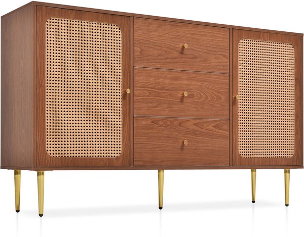 Merax Kommode mit 2 Türen und 3 Schubladen, Rattan Türkommoden mit Schubkasten, Verstellbare Ablage, für Wohnzimmer Schlafzimmer, Nussbaum - H90/B150/T40 cm Bild 10