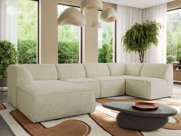 Modulares XXL-Ecksofa MODARO 5M, U-Form, Wohnlandschaft, 5-teilig, freistehend, Wohnzimmer Couch, HR-Schaumstoff - Creme Stukture - Links