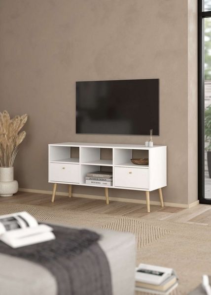 andas TV-Board Bodo TV-Möbel, TV-Unit, Mediamöbel, Regal, 2 Schubladen und 4 offene Fächer, Beine und Griffe aus Massivholz