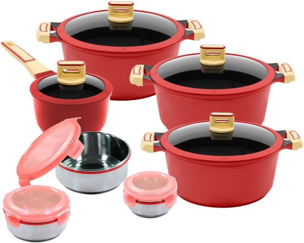 KING Topf-Set GOURMET, Aluminiumguss (Set, 14-tlg, je 1 Kochtopf 18/20/24 cm, 1 Stieltopf 16 cm, Schüssel-Set), Deckel Silikonrand,Antihaft-Beschichtung,Induktion