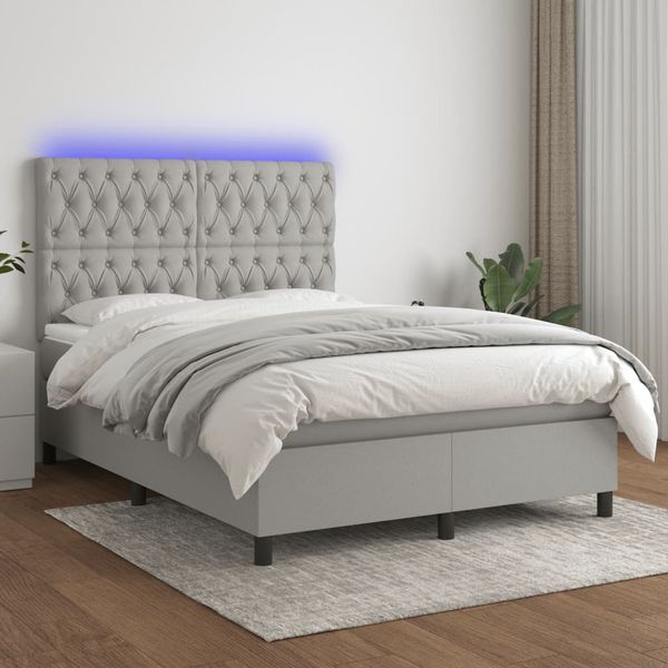 vidaXL Boxspringbett mit Matratze & LED Hellgrau 140x190 cm Stoff 3135109