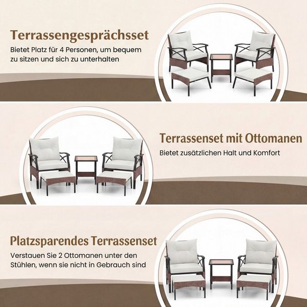 COSTWAY Gartenlounge-Set, (5-tlg), Balkonset mit Beistelltisch, Ottomanen, Kissen
