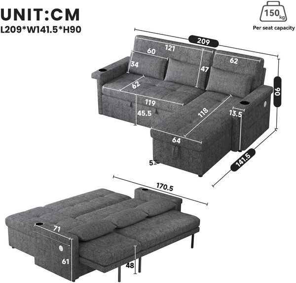 Merax L-förmiges Ecksofa, umwandelbar in ein Schlafsofa, mit Schlaffunktion, LED-Beleuchtung und USB-Anschlüssen, verstellbarer Rückenlehne mit Kissen und Getränkeablage, Wohnzimmersofa mit Stauraum, Grau Bild 4