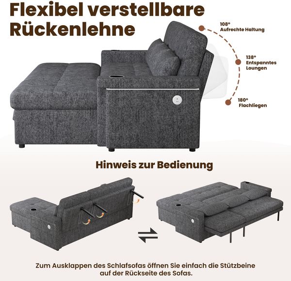 Merax L-förmiges Ecksofa, umwandelbar in ein Schlafsofa, mit Schlaffunktion, LED-Beleuchtung und USB-Anschlüssen, verstellbarer Rückenlehne mit Kissen und Getränkeablage, Wohnzimmersofa mit Stauraum, Grau Bild 7