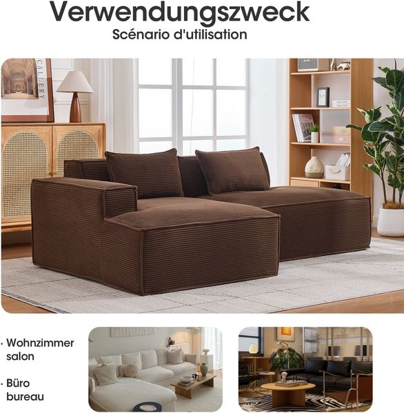 LVHOM Ecksofa 2 Sitzer, Modulares Sofa 235 cm breit, L-Form Sofa mit 2 Kissen, Schlafsofa aus Cordstoff, kein Aufbau erforderlich, Braun Bild 7
