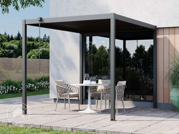PRIMEYARD Pergola 3x2,5 m Pfosten und Lamellendach aus Stahl - anthrazitfarbene Terrassenüberdachung