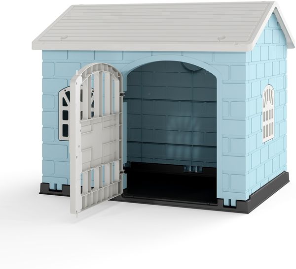 Hundehütte Kunststoff wetterfester Hundehaus mit abschließbarer Tür 3 Fenstern & Schrägdach für kleine Hunde Katzen Blau