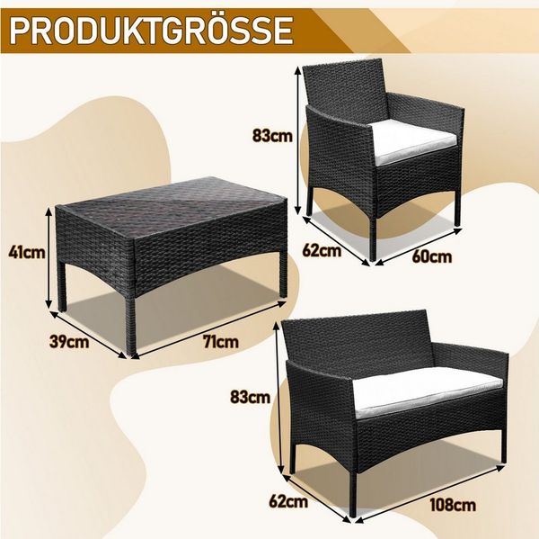 Clanmacy Gartenlounge-Set 4-tlg Wetterfeste Polyrattan Sitzgruppe für 4 Personen Schwarz, (4-tlg)