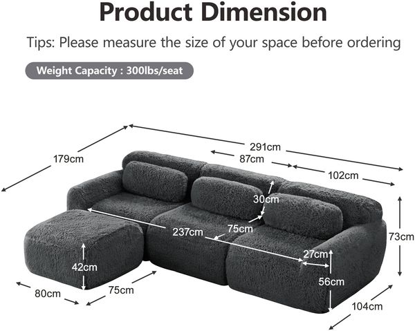 Sofa modular (L-Form) mit großer Sitzfläche, Plüschstoff, 32D-Hochresilienzschaum, rutschfeste Basis, Grau, keine Montage,291*179*73 cm Bild 3