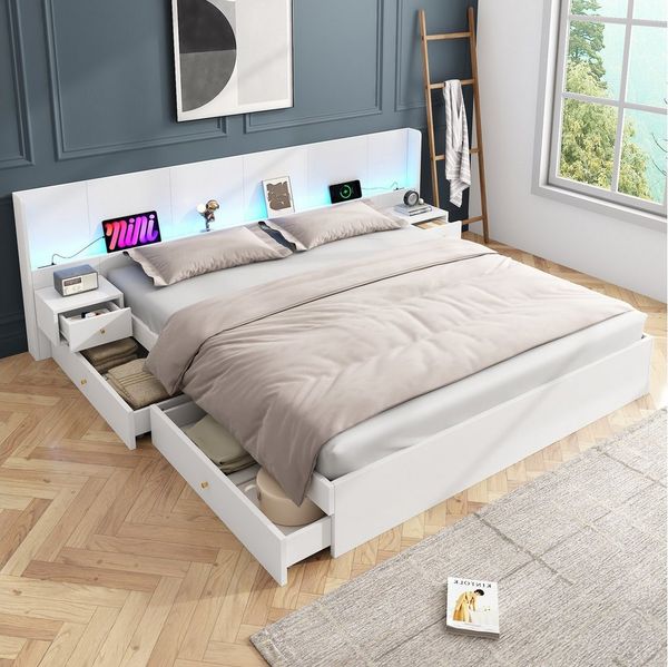 OKWISH Polsterbett mit LED-Beleuchtung (Holzbett, Jugendbett, Doppelbett, 1-tlg, 2 Schubladen, 2 Nachttische, 180*200cm, ohne Matratze), mit USB-Schnittstelle, Steckdose,steuerbar per Mobile APP