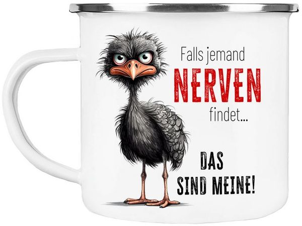 Cadouri Tasse Emaille Tasse 'Falls jemand Nerven findet' Kaffeetasse, Metall, Outdoortasse, Campingbecher Edelstahl, handgefertigt, Geschenk, 300 ml