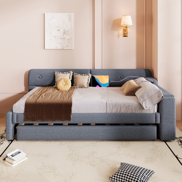 Bett 90x200 cm als Schlafsofa mit Ausziehbett 180x200, Leinenbezug, mit Stauraum und USB- sowie Type-C-Anschlüssen