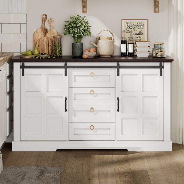 Flieks Kommode Sideboard mit Schubladen, Schiebetür & Walnussholzfarbe Arbeitsplatte (1 St, B150/T40/H85 cm), Mehrzweckschrank mit verstellbaren Einlegeböden Landhausstil, Weiß