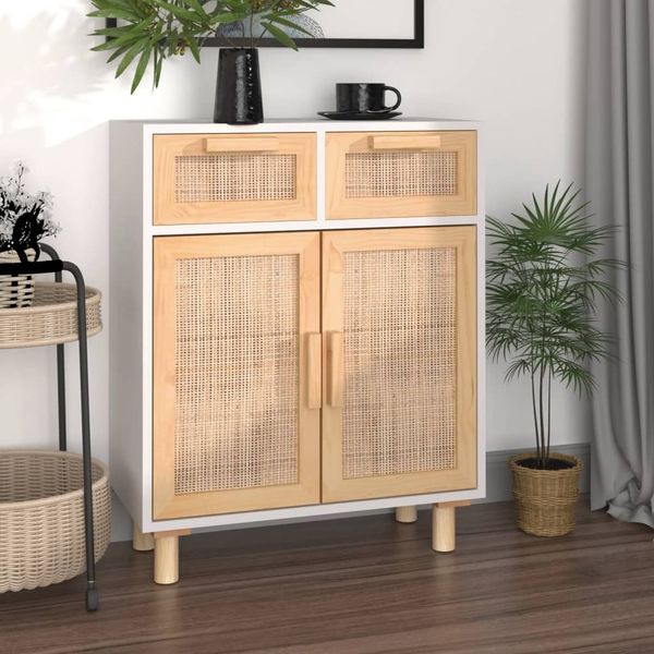 vidaXL Sideboard Weiß 60x30x75 cm Massivholz Kiefer und Natur-Rattan 345636
