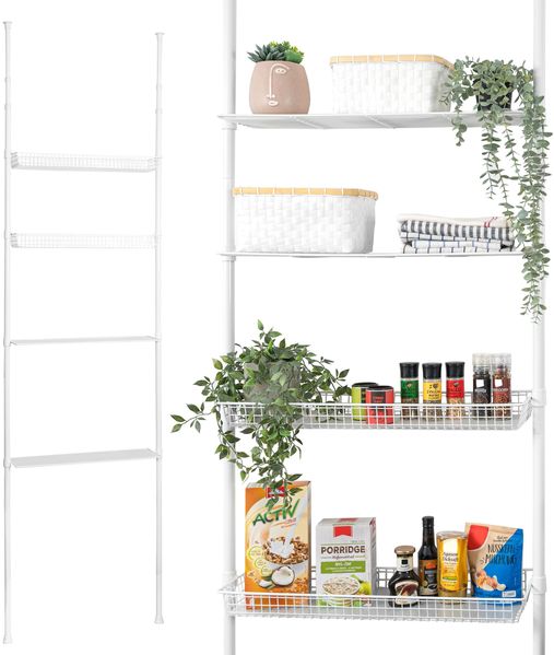 Teleskop-Regal, 2 Körbe, 2 Ablagen, Waschmaschinenregal bis max. ca. 290 cm, weiß