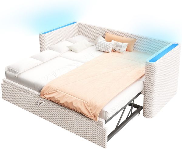 Schlafsofa mit Bettfunktion und LED-Beleuchtung 90x200cm/180x200cm, Liegefläche erweiterbar, Polsterbett, Jugendbett, Samt