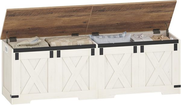 Hzuaneri Schuhbank, Sitzbank mit Stauraum, 2 Stabile Scharniere, Scheunenstil, Holz Weiß Braun, 40 x 150 x 48,5 cm