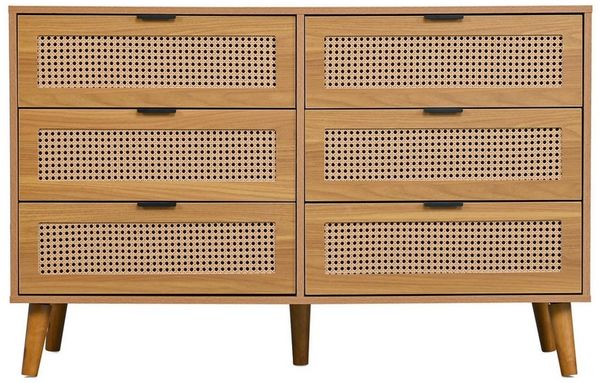 IDEASY Schubkastenkommode Kommode, Sideboard, Aufbewahrungsschrank, Rattan-Schranktür, (Eingangsschrank mit 6 Schubladen, 120 x 76,5 x 40 cm), 5 Beine aus Massivholz, einfach zu montieren