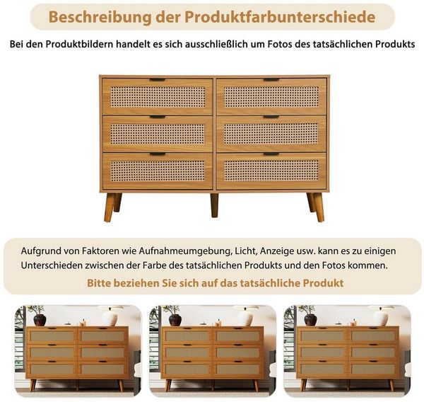 IDEASY Schubkastenkommode Kommode, Sideboard, Aufbewahrungsschrank, Rattan-Schranktür, (Eingangsschrank mit 6 Schubladen, 120 x 76,5 x 40 cm), 5 Beine aus Massivholz, einfach zu montieren Bild 3