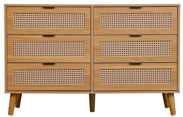 IDEASY Schubkastenkommode Kommode, Sideboard, Aufbewahrungsschrank, Rattan-Schranktür, (Eingangsschrank mit 6 Schubladen, 120 x 76,5 x 40 cm), 5 Beine aus Massivholz, einfach zu montieren Bild 4