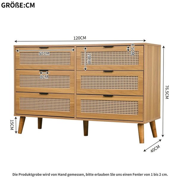 IDEASY Schubkastenkommode Kommode, Sideboard, Aufbewahrungsschrank, Rattan-Schranktür, (Eingangsschrank mit 6 Schubladen, 120 x 76,5 x 40 cm), 5 Beine aus Massivholz, einfach zu montieren Bild 2