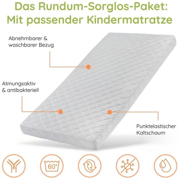 Kids Collective Kinderbett Kinder Jugendbett 80x160 und 90x200 cm Mit Schublade & Rausfallschutz, 90×200 cm, stabiles Kiefernholz, Weiß mit Matratze