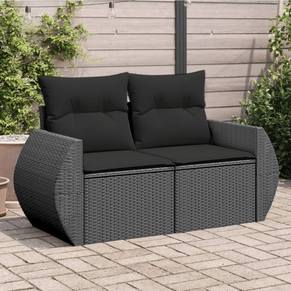 vidaXL Gartensofa mit Kissen 2-Sitzer Schwarz Poly Rattan 365991