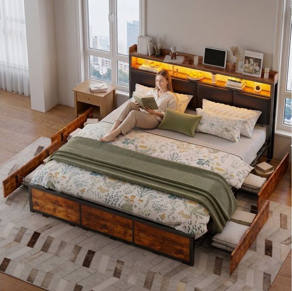 ADWOLT Metallbett Polsterbett mit LED Beleuchtung,140x200cm Holzbett (Set, 1-tlg, mit 4 Schubladen), Braun Doppelbett,ohne Matratze