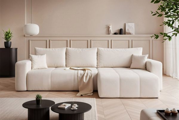 Ecksofa Schlafsofa Sofa LEROS in Stoff Manila Creme Ottomane Rechts
