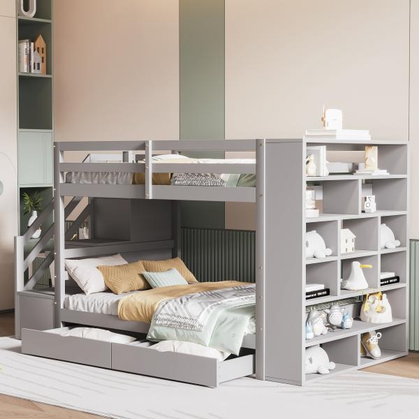 Merax Etagenbett Kinderbett 90x200cm mit 2 Schubladen, Seitschrank, Stauraumtreppe, grau