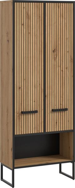 welltime Hochschrank LOCRI, Höhe 159 cm, 2 Türen, 6 Einlegeböden, 1 offenes Fach (1-St, industrial Look mit Rillenoptik & Metall Kufen) variable Einlegeböden, modernes Design, Badschrank, Bad