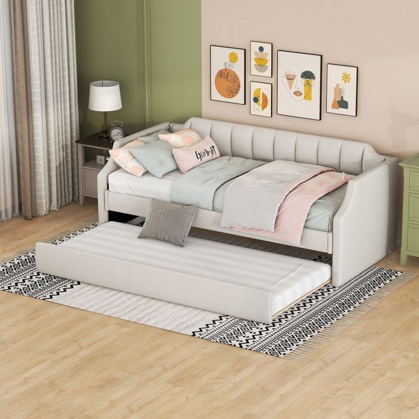 90 x 200(190) DAY-Betten, Gepolstertes Einzeltagesbett mit Rollbett, Beige