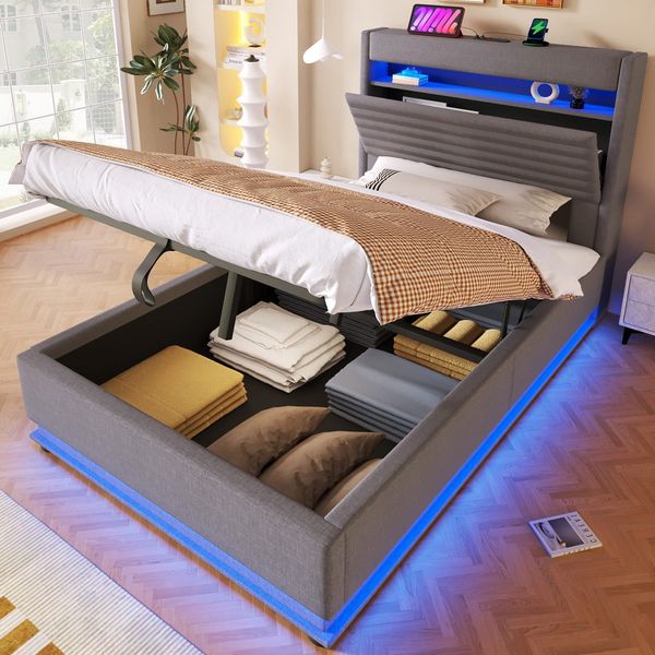 Polsterbett mit LED-Streifen, Stauraum, Schrank, USB und Type-C, 90x200 cm, gepolsterter Kopfteil mit Schrank, Einzelbett, Stauraumbett, Leinen