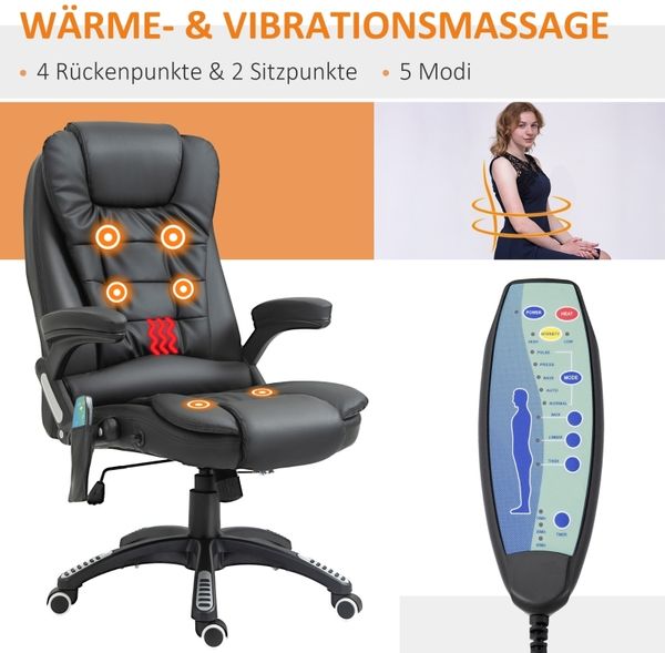 Drehstuhl 54 cm Sitzbreite, Sitzhöhe 44–54 cm, höhenverstellbar mit Massagefunktion, Kunstleder, schwarz,70x70x121 cm Bild 4