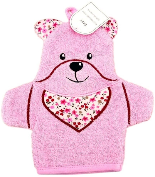 Baby Waschhandschuh Bär » Kinder Waschlappen Frottee » ca. 22x 15 cm reine Baumwolle » Wasch Handschuh - Rosa