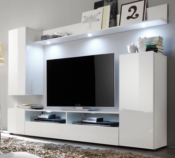 Wohnwand Medienwand Dos in weiß Hochglanz 208 cm Fernsehschrank bis 55"
