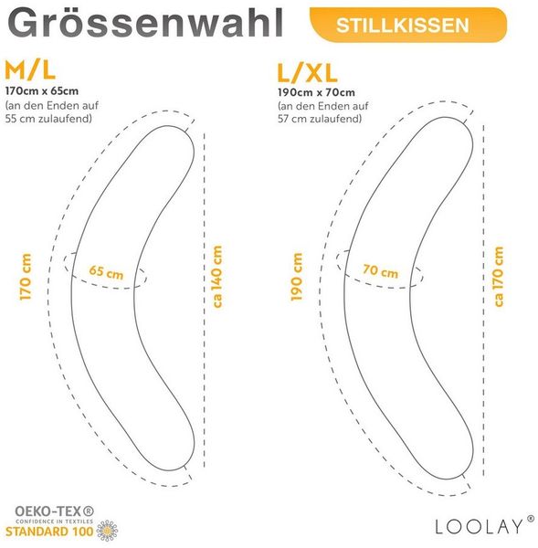 Loolay Stillkissen Baumwolle M/L o L/XL Schwangerschaftskissen Seitenschläferkissen Bezug, WEICH Füllung + 100% BIO-Baumwolle Kissenbezug, 170 oder 190 cm Stillkissen + Bezug abnehmbar mit Reißverschluss!, LOOLAY® - 100% Europäische Stoffe und Kleinser...