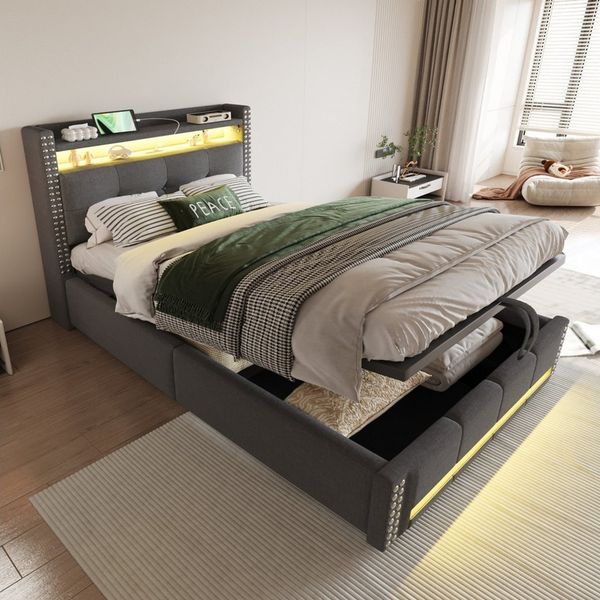REDOM Polsterbett Stauraumbett Doppelbett (90x200 cm mit LED-Farbwechsel, USB-Ladeanschluss und hydraulischem Stauraum, für Kinderzimmer und Jugendzimmer), ohne Matratze