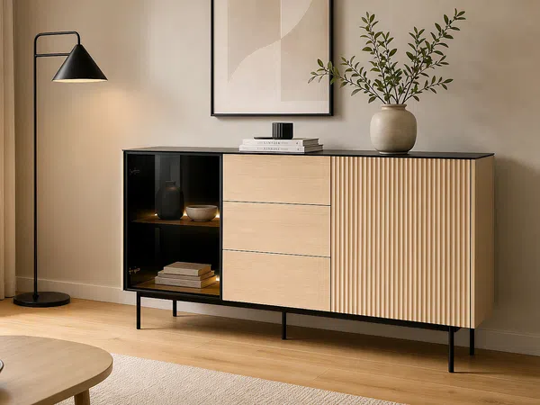 Vente-unique - SAYERA Sideboard GlasHolz, Platte SchwarzBeige - B 39 cm x H 84 cm x L 157 cm