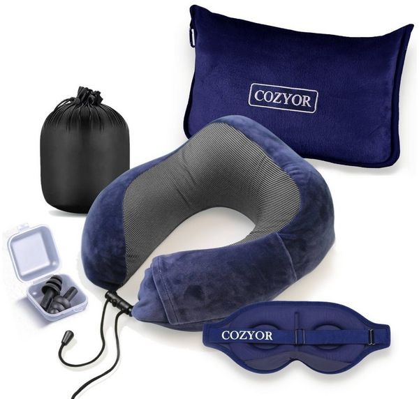 Cozyor Reisekissen und Reisedecke 2 in 1, Reiseset kuschelig weich + Rucksack-Clip, dunkelblau Ocean, 4-tlg, Verwandlungskissen, Flugzeugdecke für unterwegs, Sparset mit Nackenkissen und Augenmaske