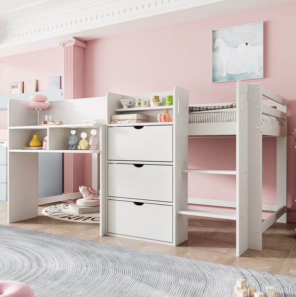 Bett 90x200 cm halbhoch in Hausform mit viel Stauraum und Regal – weiß