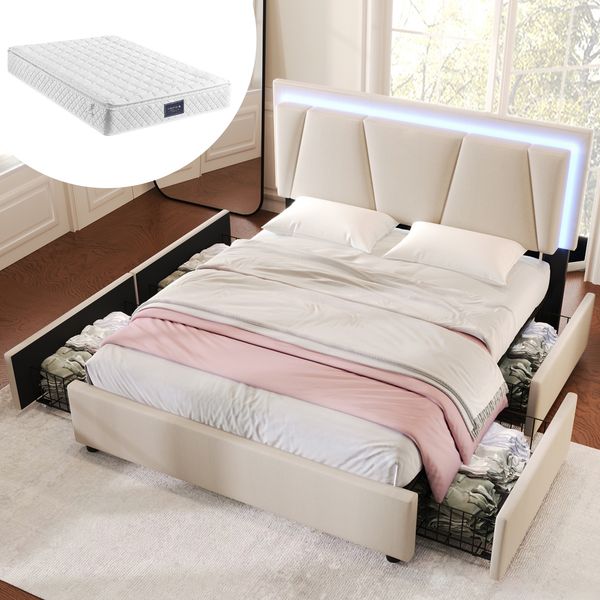 Polsterbett 140×200 cm aus Holz mit LED-Beleuchtung und vier Schubladen, beige