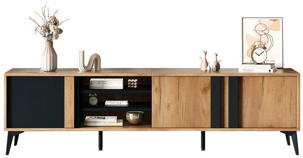 REDOM Lowboard rustikaler TV-Schrank 180 cm mit Stauraum (Fernsehtisch,TV-Board,TV-Ständer, TV-Kommode, 1 St, 3 Türen und 3 offene Fächer), für Fernseher bis 80 Zoll
