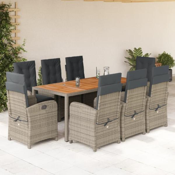 vidaXL 9-tlg. Garten-Essgruppe mit Kissen Grau Poly Rattan 3212246
