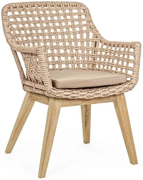 Gartenstuhl Madison Viro aus Teak und Kunstfaser, skandinavischer Stil, natur, mit Armlehnen und Kissen