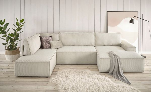 Home affaire Wohnlandschaft SHERWOOD XXL 329 cm, U-Form, Schlafsofa, Schlaffunktion m. Bettkasten (194x139 cm), Cord, Vintage, Samtvelours